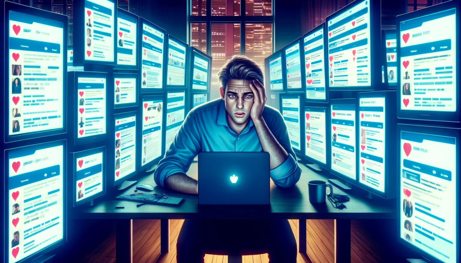 A young man surrounded by multiple glowing screens from various dating apps.